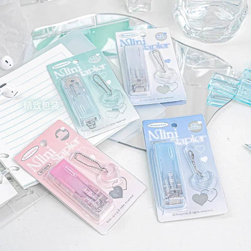 1 Piece Mini Stapler Staples Set for Student Transparent Gradient Color Solid Stapler with Pendant Portable Binding Supplies