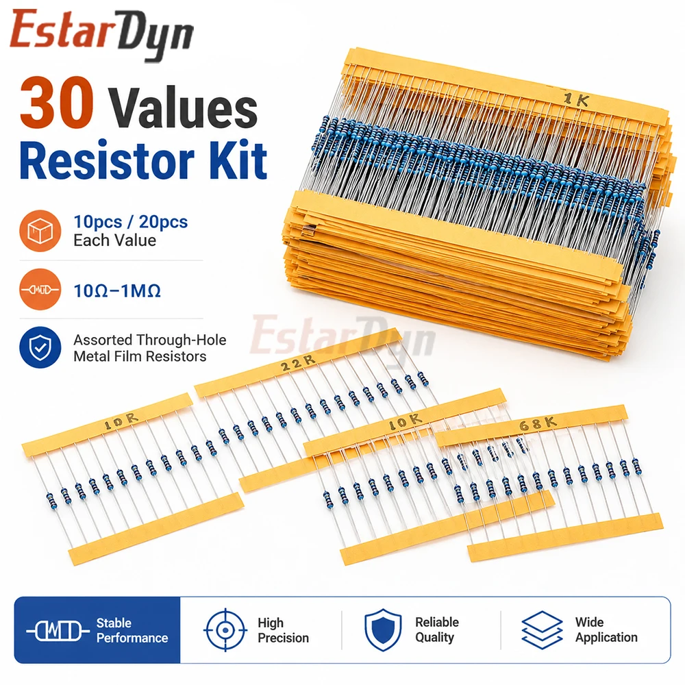 Estardyn 300/600pcs 30 Values 1/4W 0.25W 1% Metal Film Resistors Assorted Kit 10Ω-1MΩ 47Ω 220Ω 1K 10K 100K DIY Components