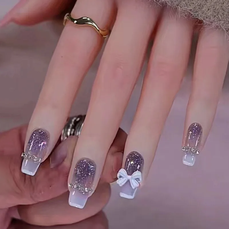 

24 Pcs Gradient Realistic Fake Nails Medium Short Ballet Artificial Nails Press On 3d Bow Aesthetic square False Nails Removable