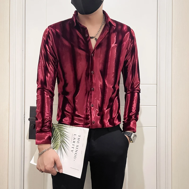 Korean Striped Velvet Shirt for Men Long Sleeve Slim Fit Casual Shirts High Quality Social Business Party Tuxedo Blouse 2024