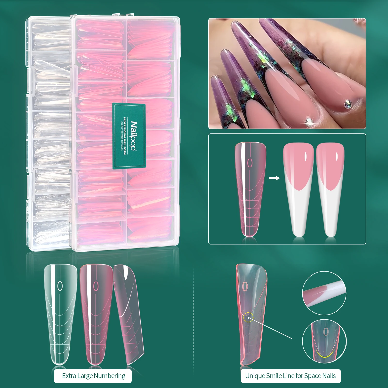 Nailpop French Nail Dual Form Molds for Poly Gel Extensions 15 Sizes with Large Number Markings for French Manicure 150Pcs/Box