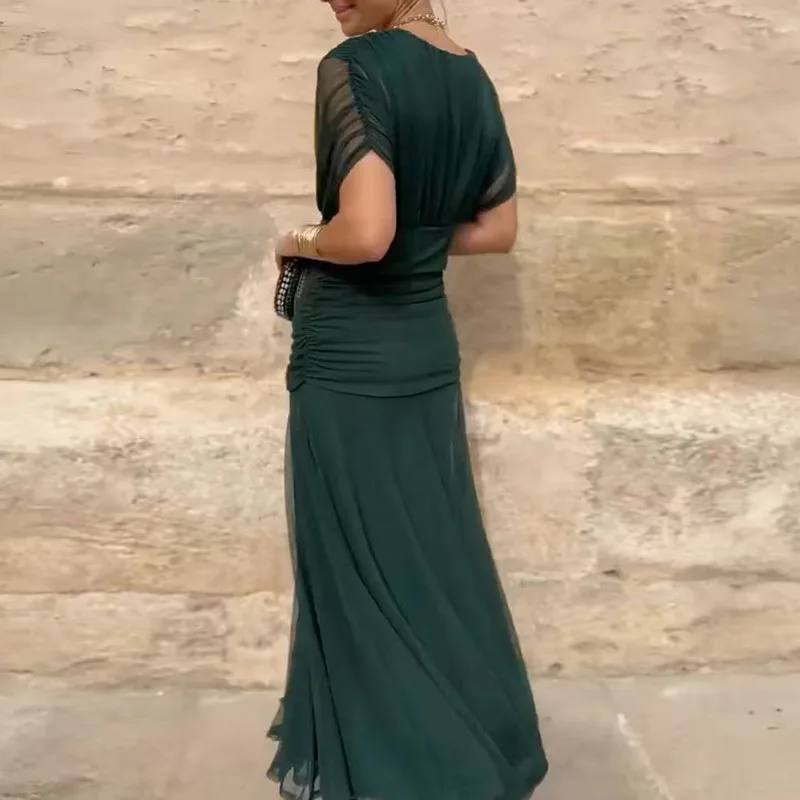 Lente Zomer Effen Mesh Geplooide Jurk Vrouw Elegante V-hals Holle Lange Jurk Korte Mouw Boheemse Vakantie Casual Feestjurken