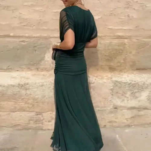 Imagen 2 del producto Primavera Verano vestido plisado de malla Lisa mujer elegante cuello en V vestido largo hueco manga corta bohemio vacaciones Casual vestidos de fiesta