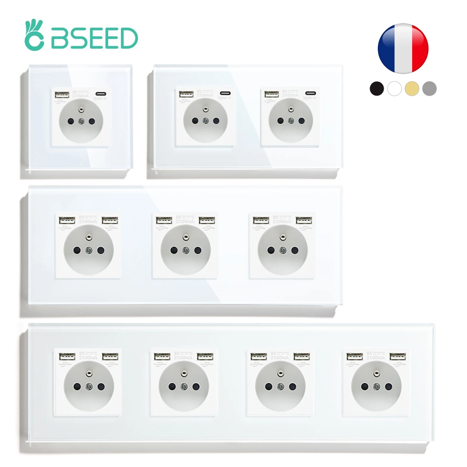 BSEED Single French Wall Socket Double Power Sockets Triple Electric Sockets With Type-c Double USB Charing Ports  Glass Frame