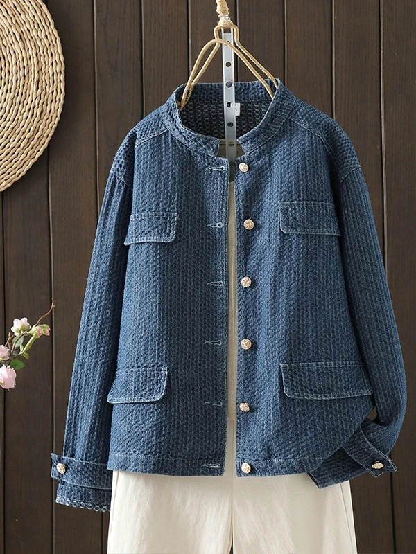 

Аутентичная корейская джинсовая куртка свободного кроя с воротником-стойкой, большие размеры, утягивающая возрастная женская верхняя одежда