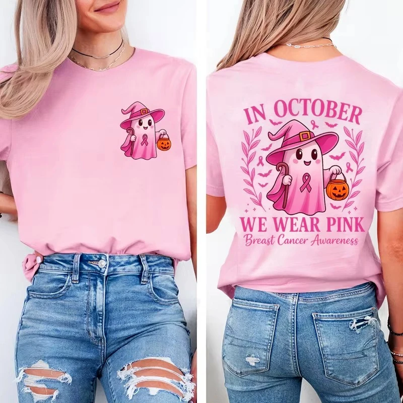 Im Oktober tragen wir rosa: T-Shirt mit grafischem Aufdruck zur Sensibilisierung für Brustkrebs, lässige Oberteile, Halloween, rosa Geister, Damenmode – Detail 4