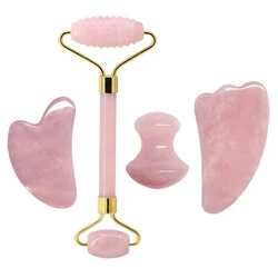 Natural Jade Stone Gua Sha Rose Quartz Jade Roller massaggiatore facciale Set Gouache raschietto strumenti di bellezza per la rimozione delle rughe del corpo