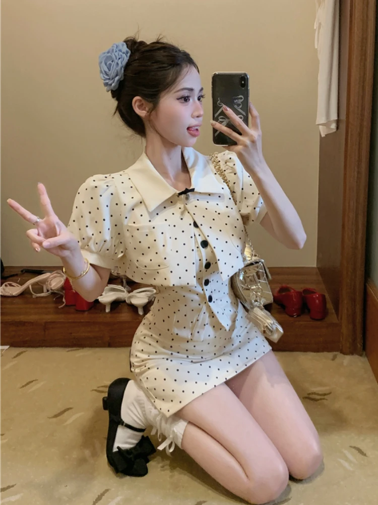 France Elegant Hot Girl Dot Suit Women Summer Bow Short-sleeved Jacket Strap Vest Buttocks Wrapped Mini Skirt Three Piece Set