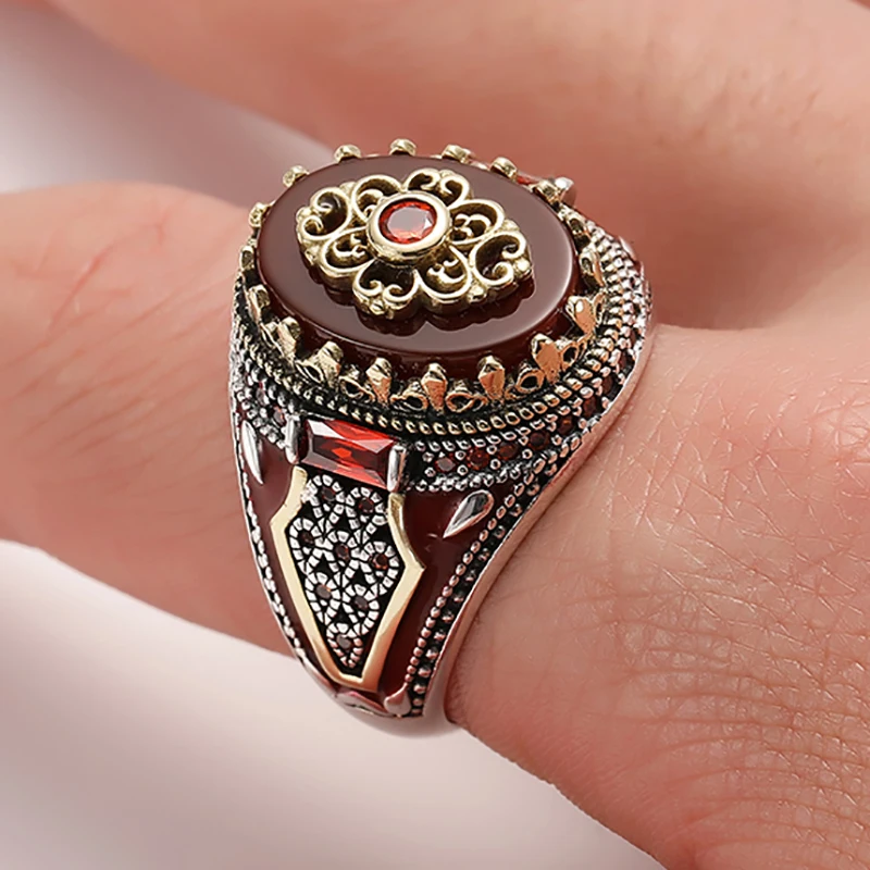 Retro Silver Color Turkish Handmade Crown Men Rings Vintage Carved Eagle Pattern Red Zircon Stone Rings 2021 Punk Muslim Jewelry