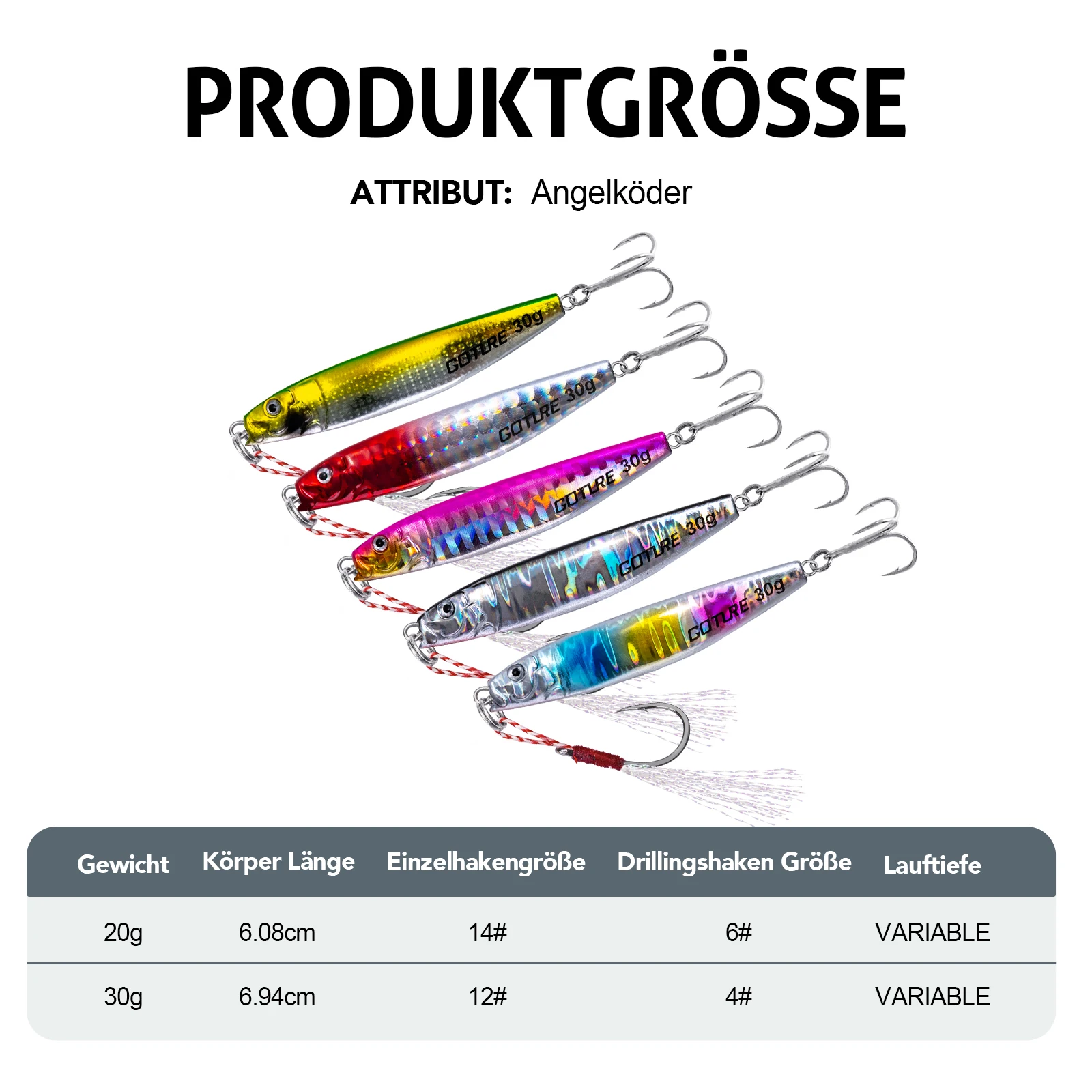 

Металлические джиг-приманки Goture 20г/30г с лазерным покрытием, острые тройные крючки, искусственная приманка с коробкой для хранения для ловли тунца, лосося, окуня