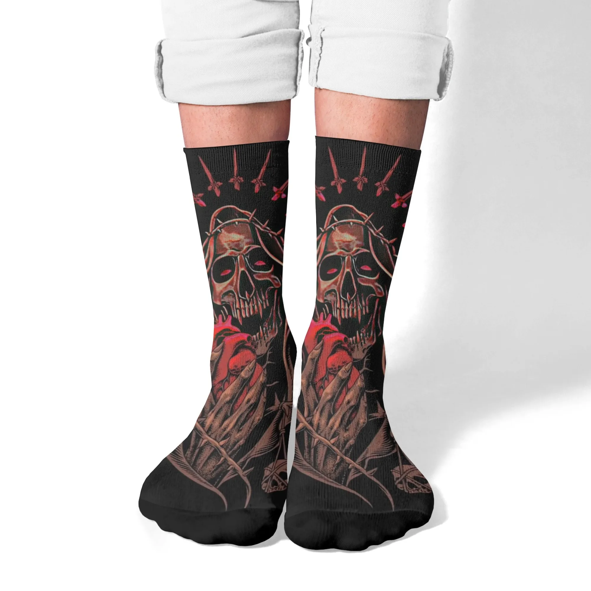 

Dark Punk Style Skull Biting Heart Printed Men's Socks Creative Novelty Comfortable Breathable Casual Sports Socks Unisex Socks
