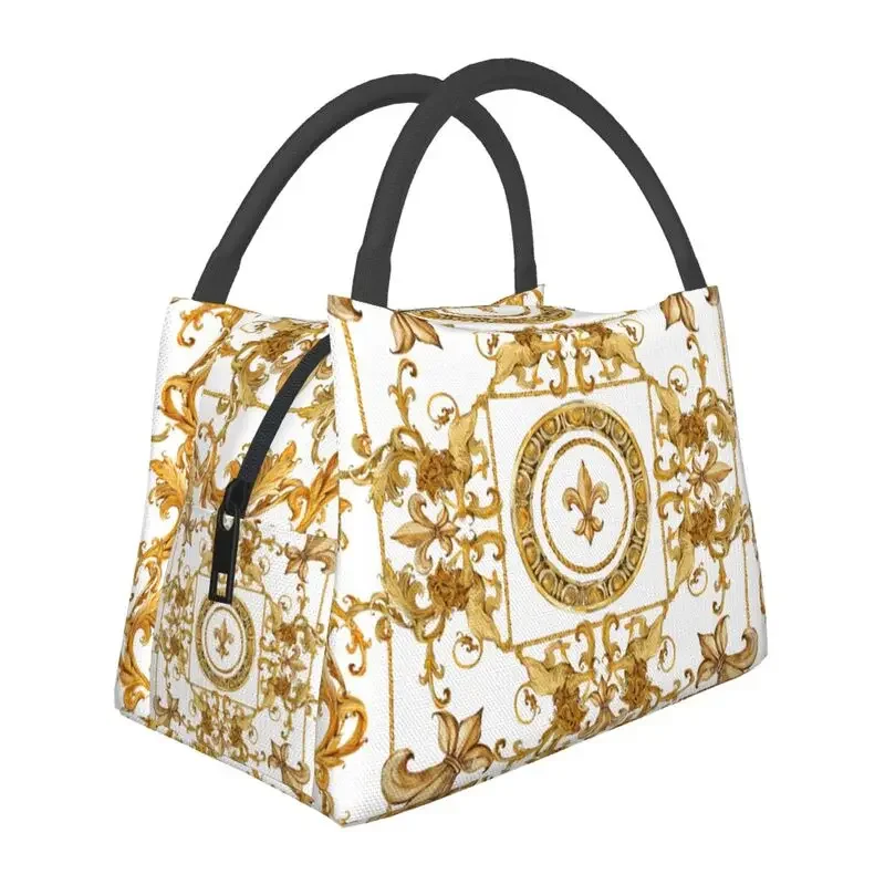 Golden Lion And Damask Ornament Thermal Insulated Lunch Bags Women Baroque Portable Lunch Container Storage Meal Food Box