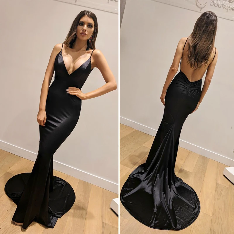 Sexy vestido de noche con cuello V profundo y espalda abierta con tirantes rellenos de satén elástico color caramelo largo fiesta de bodas en tren elegante vestido de celebridad 2023