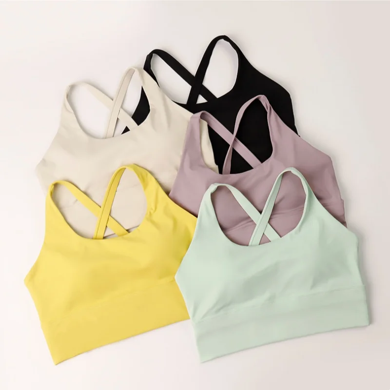 Fixed chest cushion sports bra for women, high-strength shock-absorbing gathering running bra, yoga fitness bra