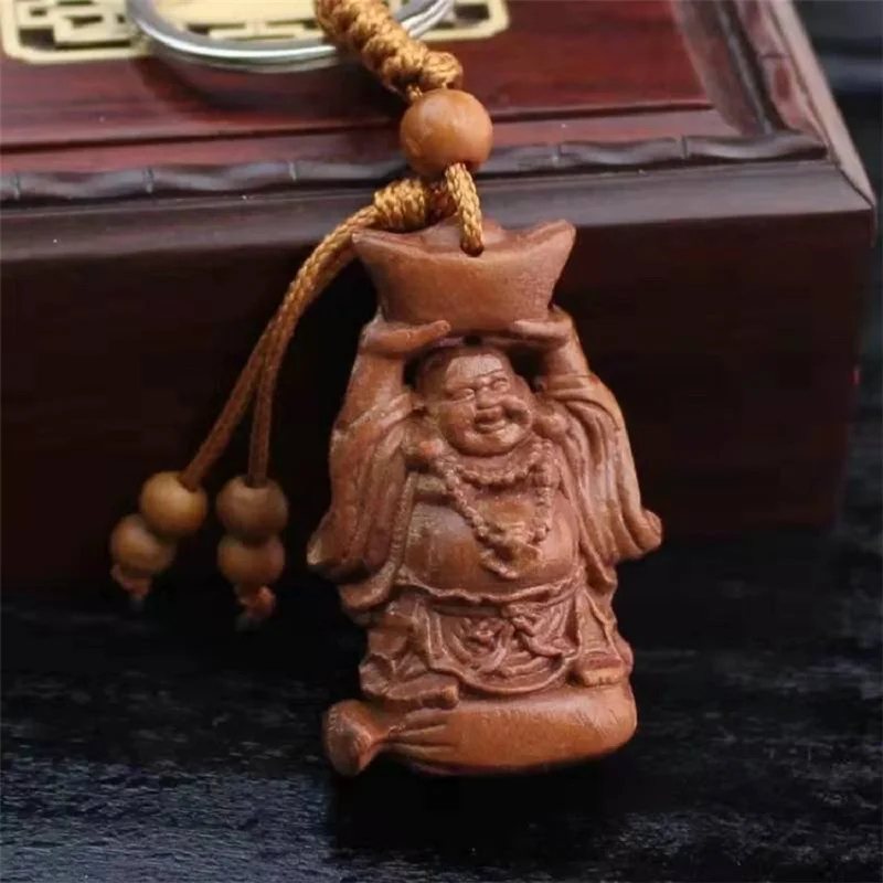 1Pc Vintage Mahogany Three-dimensional Engraving Key Chain Lifelike Buddha Pendant Key Ring Jewelry Gift For Car Accessories