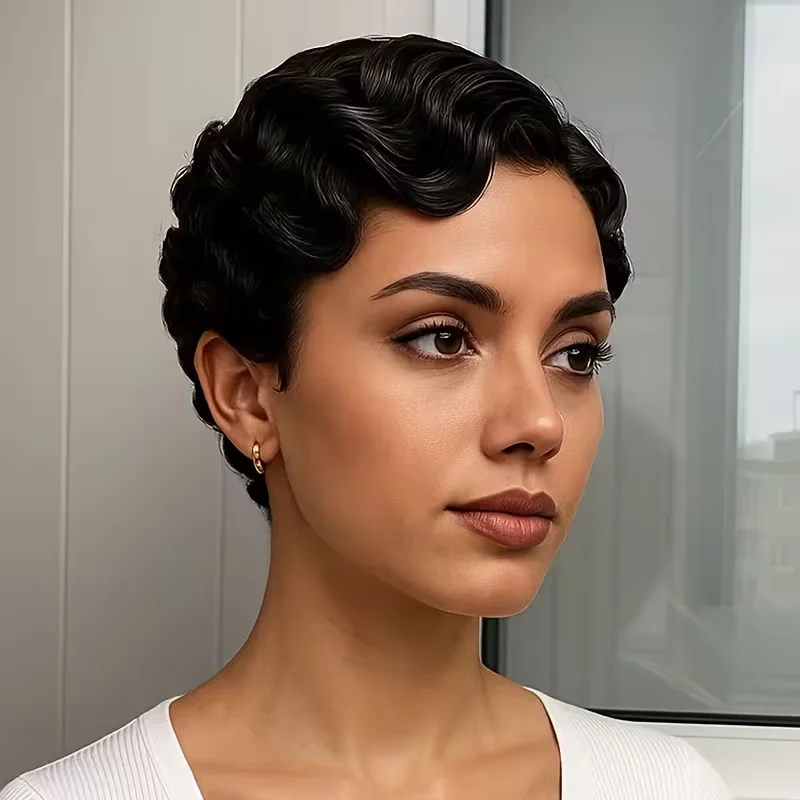 Peruka damska 4 cale, naturalny wygląd, vintage pixie cut, finger wave, z ludzkich włosów, w pełni wykonana maszynowo, krótka peruka, uniwersalna do codziennego noszenia.