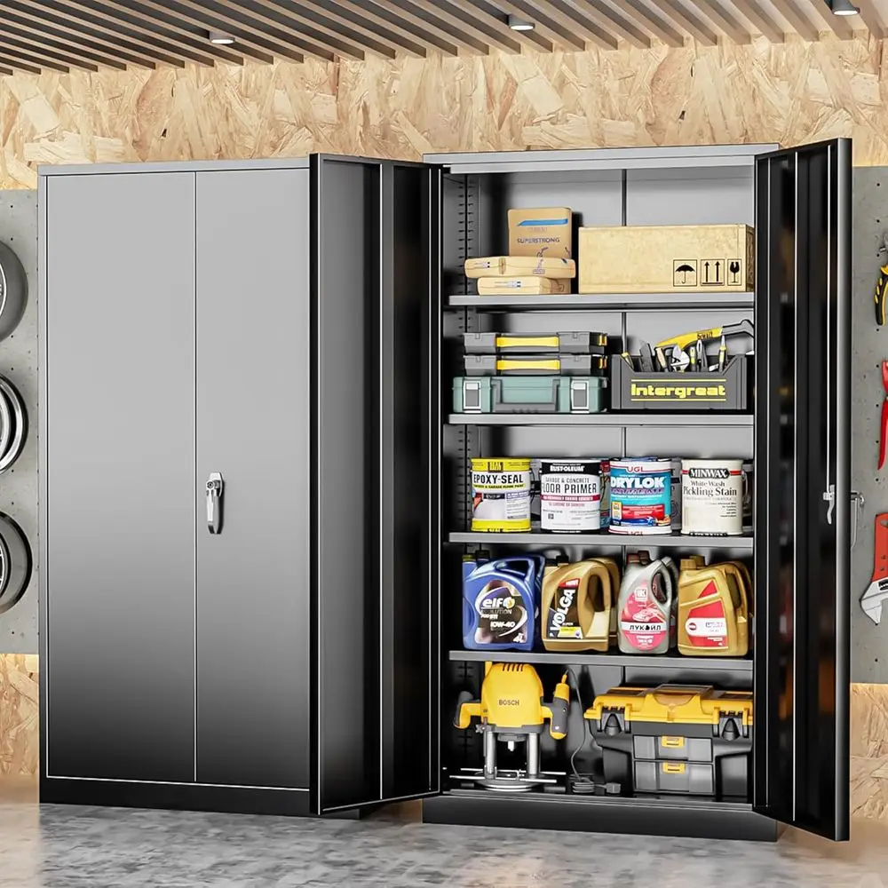 Storage Cabinet with Doand Shelves, Metal Garage Storage Cabiwith Lock, Black Lockable Steel Supply Cabinet or Home Oice, Wareho