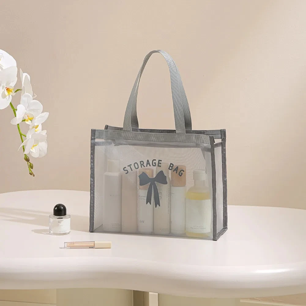 Casual Mesh Makeup Wash Bag Large Capacity Swim Hollow Tote Bag Waterproof Beach Toiletry Storage Bag Handbag