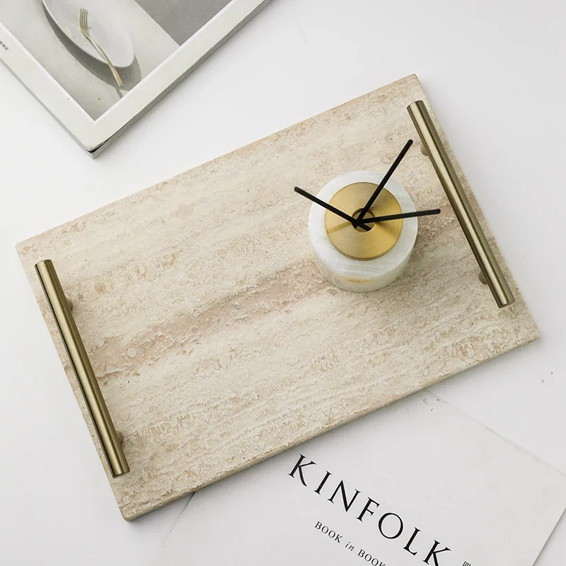 Beige Travertine Stone Tray Marble Reception Tray Vintage Bathroom Vanity Tray Luxury Serving Tray with Golden Metal Handle
