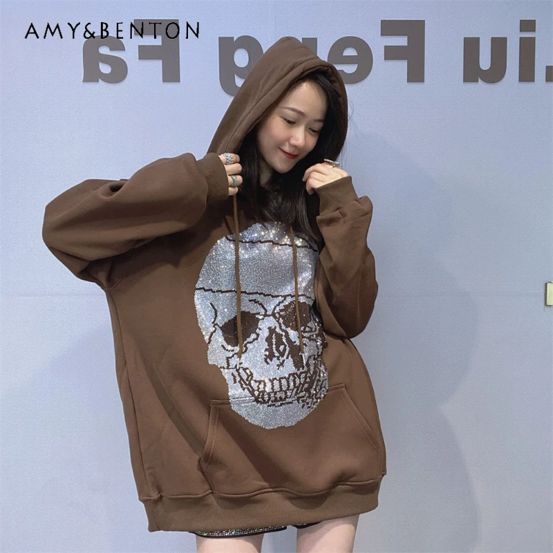 

Rhinestone Hooded Sweatshirt Unisex Fleece Lined Thickened Hoodies American New Autumn Winter Oversized Sports Casual Loose Top