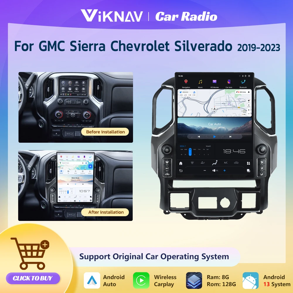 

Автомобильный радиоприемник Android 13 128 ГБ для GMC Sierra Chevrolet Silverado 2019-2023, 15,6-дюймовый сенсорный экран Carplay, мультимедийный видеоплеер