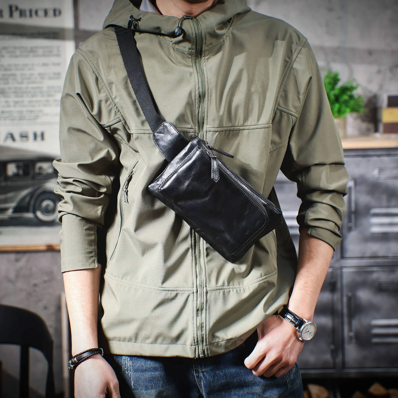 Echte Leder-Umhängetasche für Herren, Crossbody-Brusttasche im Schlichten, Modischen Stil aus Rindsleder, Hochwertige Leder-Freizeittasche – Detail 6
