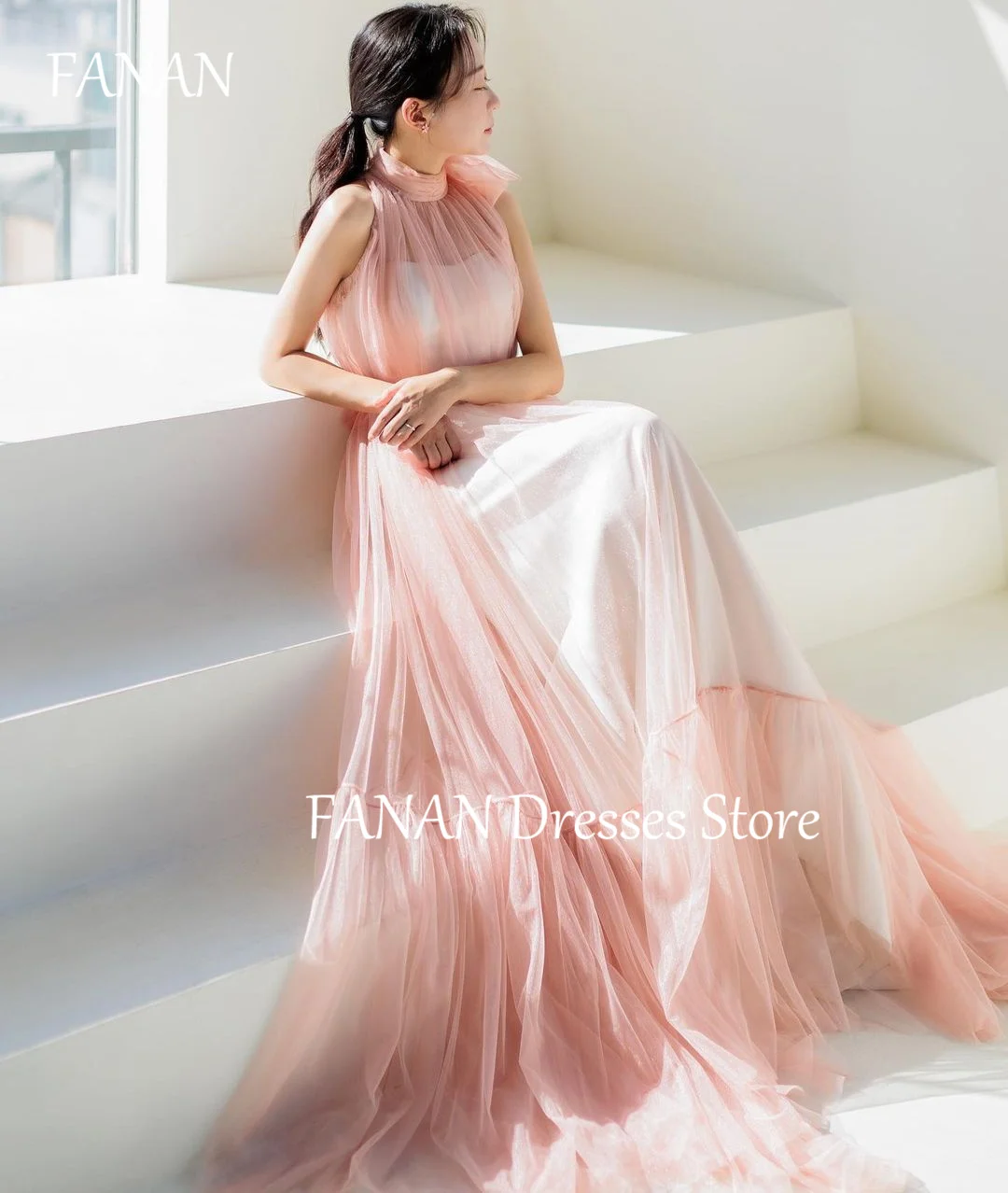 FANAN High Neck Evening Party Dresses Korea Pink Pleated Zipped Tulle Customized Wedding Women Formal Gowns Event Prom Gowns