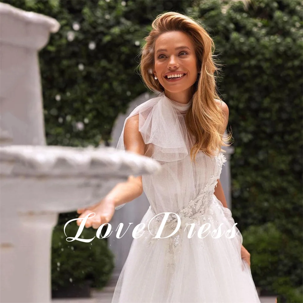 LoveDress gaun pernikahan bunga Applique leher Halter gaun pengantin Boho tanpa lengan Tulle Vestidos putri sipil mewah pengantin disesuaikan