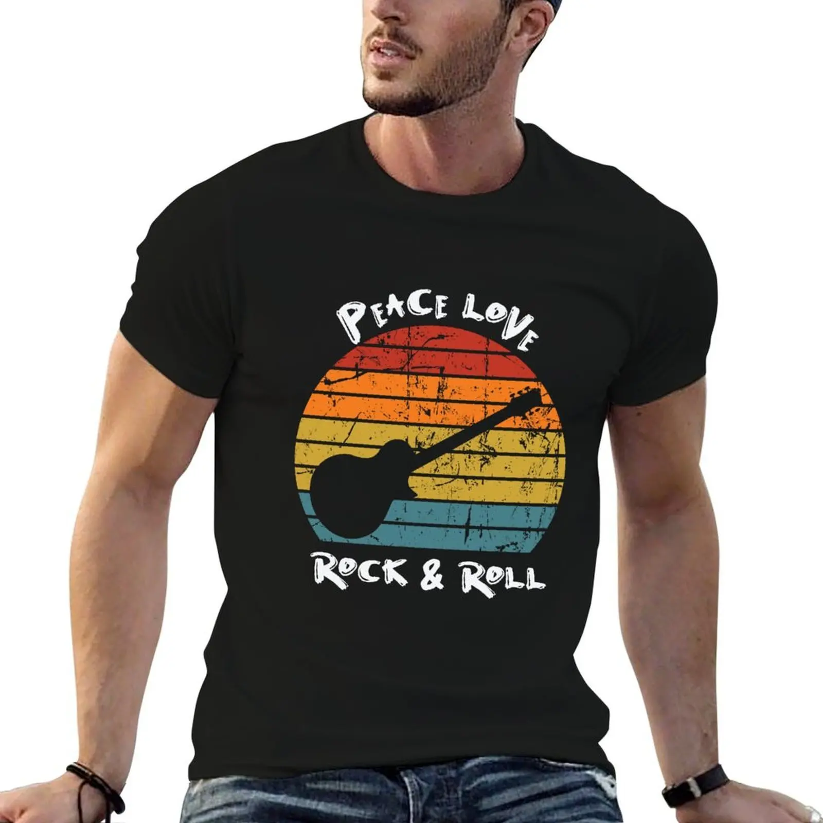 Peace Love Rock N' Roll T-Shirt black cotton t-shirt plain for man package t shirts with prints T-Shirt