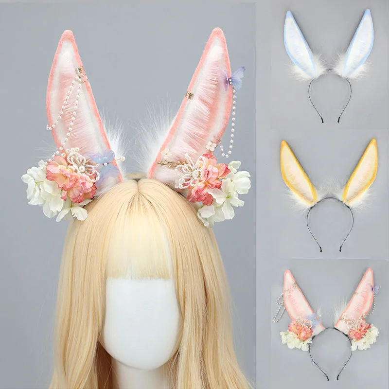 Cute Rabbit Tail Bunny Plush Ears Headband Women Cosplay Hair Hoop Cartoon Furry Faux Fur Hairbands Lolita Hair Accessories