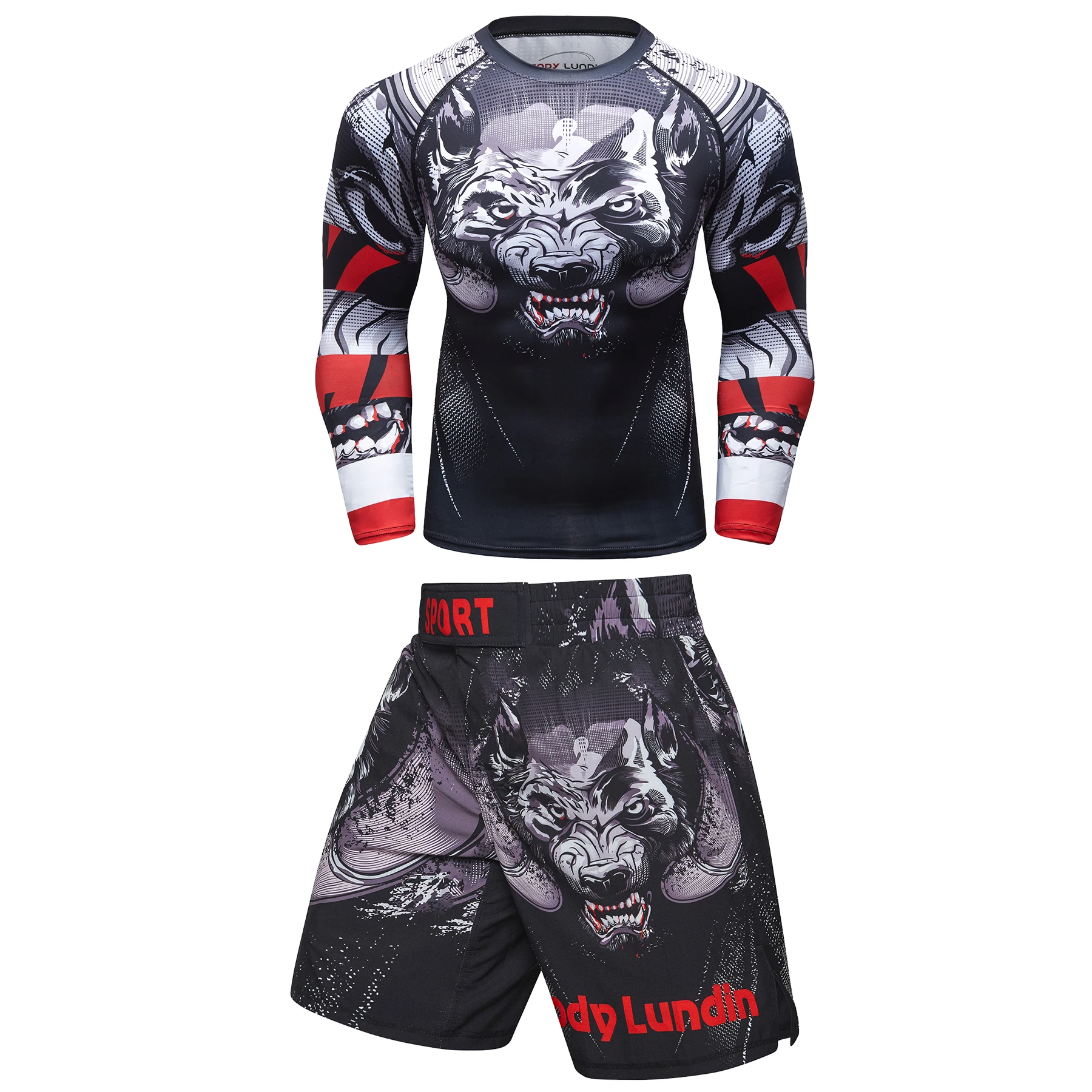 Gorąca sprzedaż Zestawy treningowe do boksu Wolf Print Mma BJJ Rashguard Jiu jitsu T-shirt + Spodenki Muay Thai Męski kompresyjny kombinezon sportowy