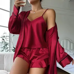 Women's New Pajamas Three-Piece Set of Women's Sexy Suspenders Shorts Robe Summer Comfortable Leisure Home Wear Pajama Set