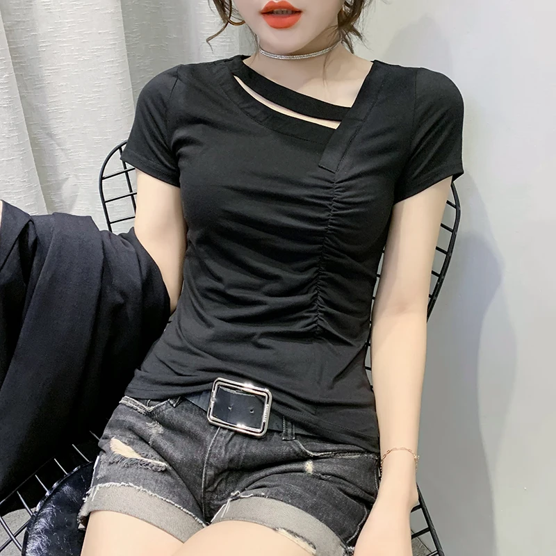 

Black Summer Korean Style Cotton T-Shirt Women Chic Sexy Hollow Out Draped Tops Short Sleeve Solid All Match Tees 2024 New 4433
