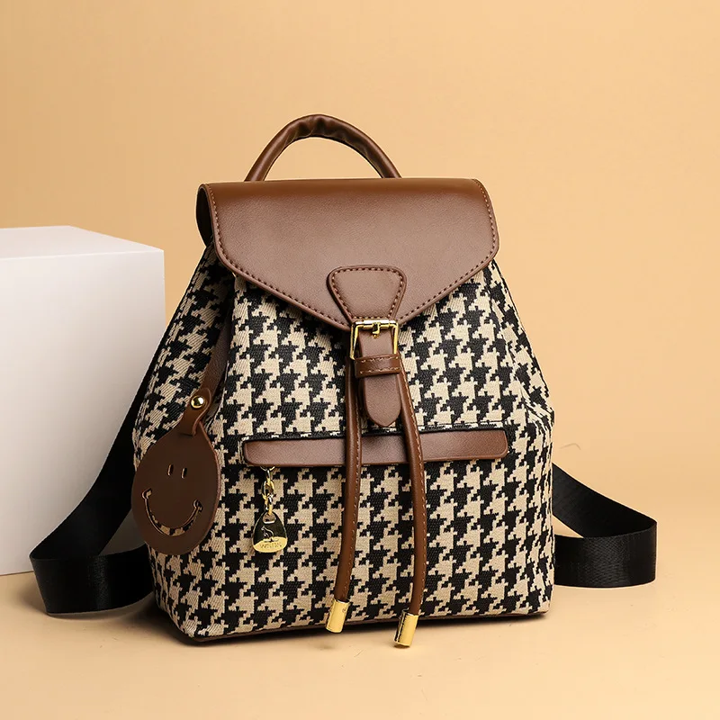 Houndstooth Backpack Women\'s New Fashion Backpack Stylish Commuter Large Capacity Simple Women\'s Shoulders Bag Feamle Travel Out