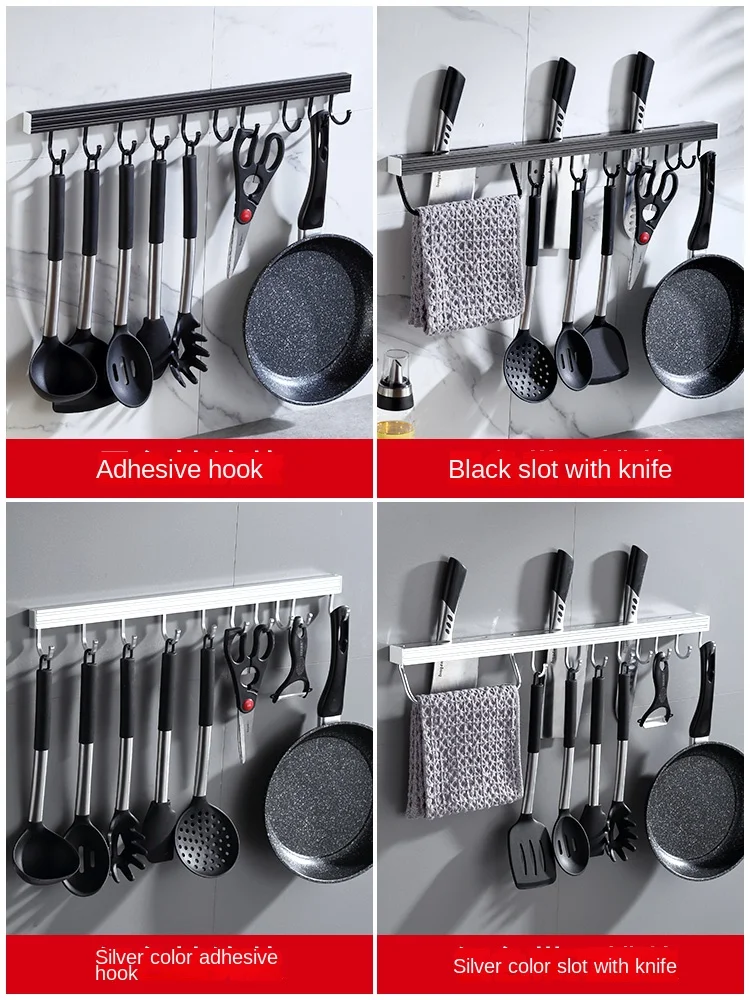 Kitchen Hook Rack Aluminum Punch-Free Wall-Mounted Hanging Rod Strong Awesome Hook One Row Rack Storage Rack Black Silver Large