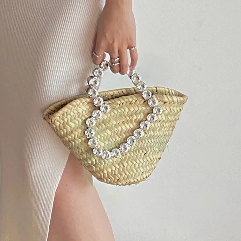 

Luxury Diamonds Straw Bag Heart Handle Women's Handbags Designer Wicker Rattan Bag Summer Beach Basket Bags Shoulder Bags Purses