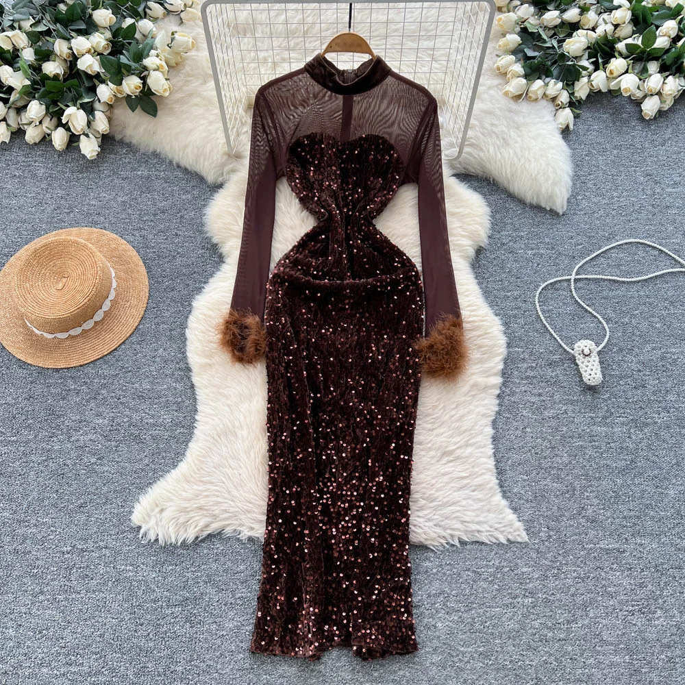 

Women Mesh Dresses Solid Skinny Dress Rhinestones Round Neck Long Sheer Sleeves Waist Cinch Slim Party Sexy Elegant 2025 Autumn