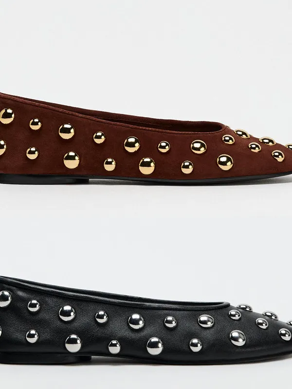 black-leather-ballet-style-flat-heel-round-toe-women's-casual-shoes-rivet-decorated-comfortable-slip-on-fashion-single-shoes