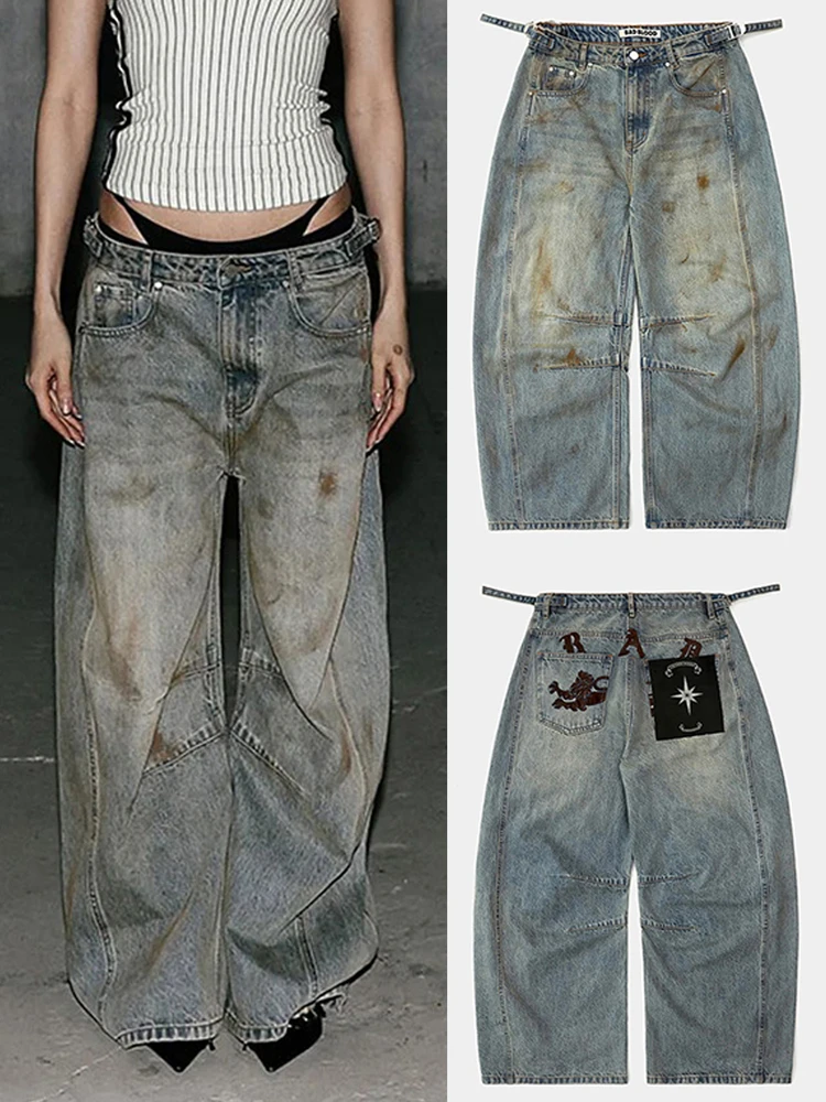 

Retro American Waed Denim Jeans Women's Casual Wide Leg Pants Trendy Knife Design Wear Resistant l Waist Zipper