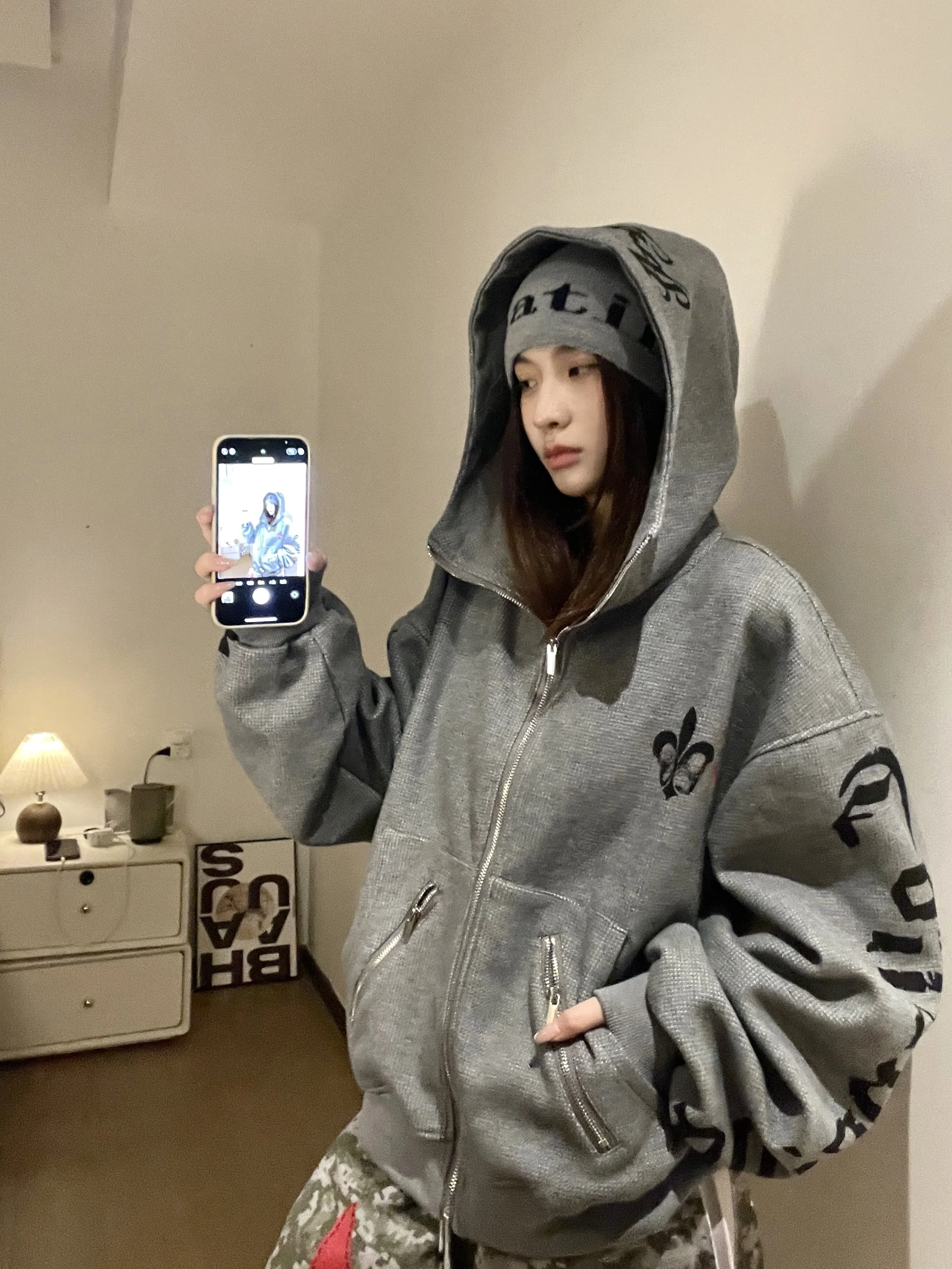 

Готический кардиган с капюшоном, женский, свободный, модный, на молнии, хлопковый, с длинными рукавами, с высоким воротником, для повседневной носки