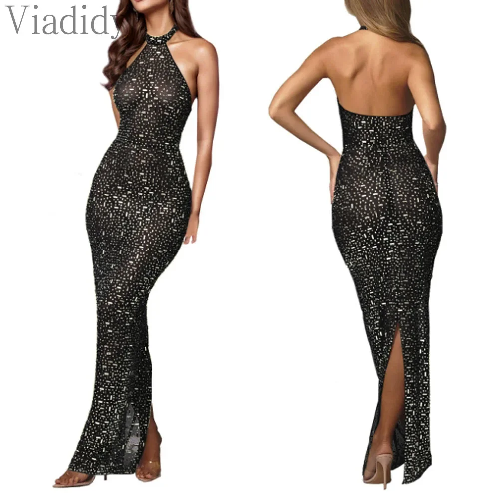 女性のセクシーなシースルーメッシュバックレスラインストーン装飾ホルターフロアレングスパーティードレス