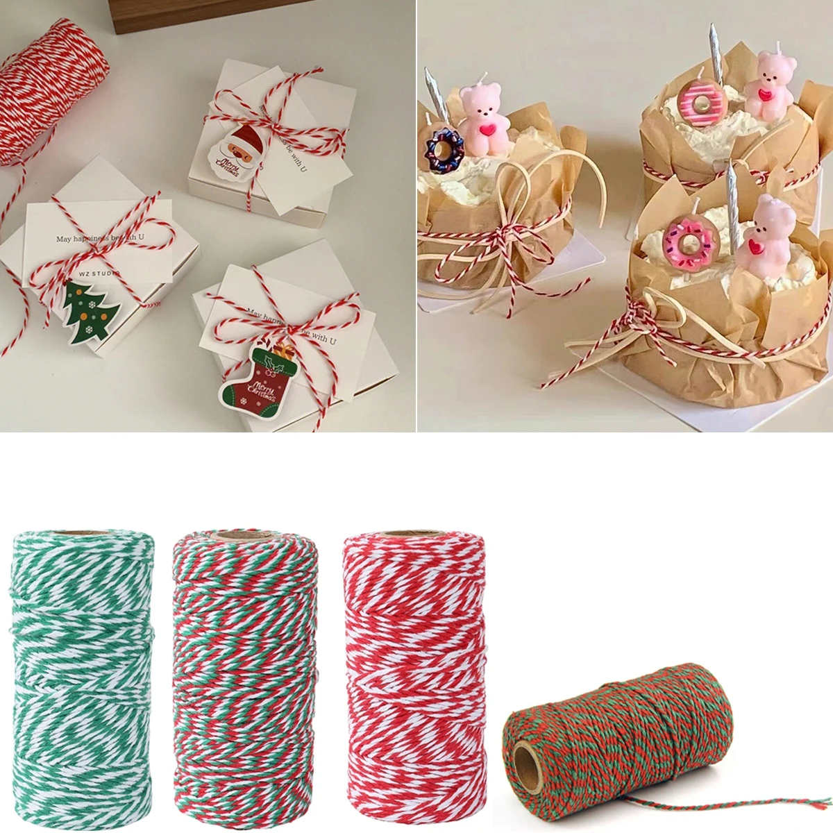 

100M/linen Woven Roll Cotton Cord Baker Twine Colorful Cotton Crafts Navidad Natal Noel Gift Box Packaging Rope New Year 2025