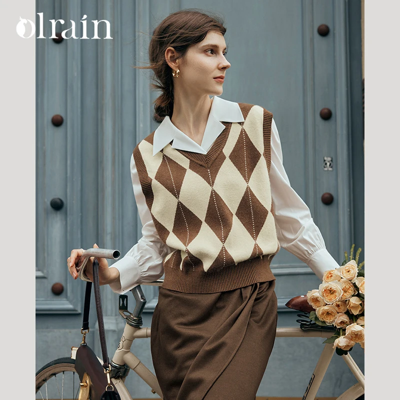 OLrain Women Argyle Knitted Sweater Vest 2026 Autumn French Vintage Sleeveless V-neck Tops Woman Knitwear Clothing N56QM66592
