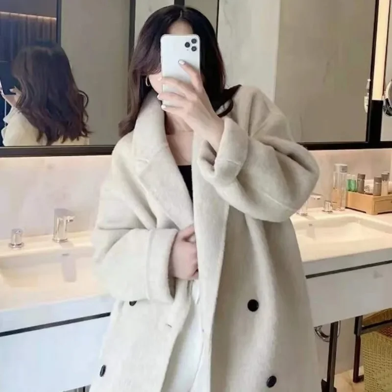 Korean Version of Fashion Long Hair Medium Long High-end Korean CoatAutumn and Winter New Double-sided Wool Coat Women's Coat