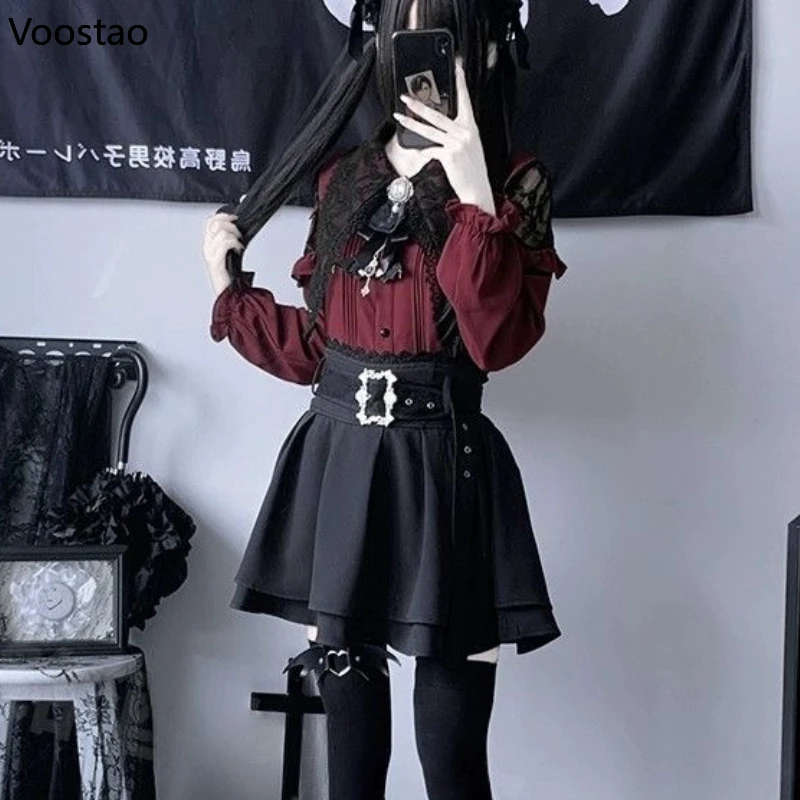 Y2k Aesthetic Lolita Skirt Set Japanese Gothic Bow Lace Off Shoulder Long Sleeve Shirt Mini Skirts Suit Harajuku Sweet Outfits