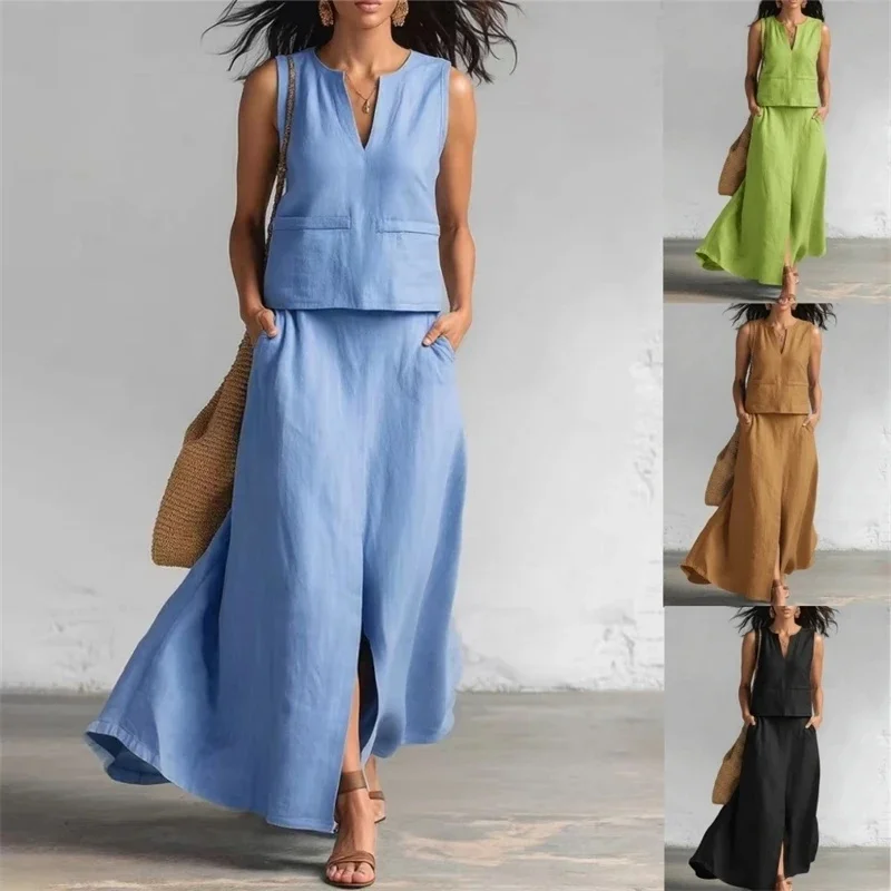

Women's Simple Split Loose Long Skirt Suit Female V-neck Sleeveless Top & Skirt Set Casual Cotton Linen Solid Color Outwears