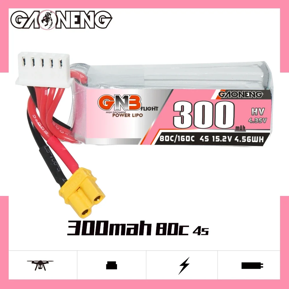 

GAONENG GNB 300mAh HV 4S 80C 160C 15.2V XT30 LiPo Battery Beta95X Beta85X Cinelog25 A85 1.6 to 2.5 inches Propeller Drone