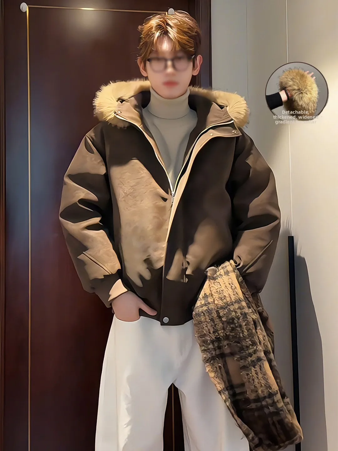 

Мужская зимняя утепленная куртка из коричневой искусственной кожи с хлопковой подкладкой, короткая, с капюшоном, меховым воротником, теплая, повседневная, на молнии, Cleanfit