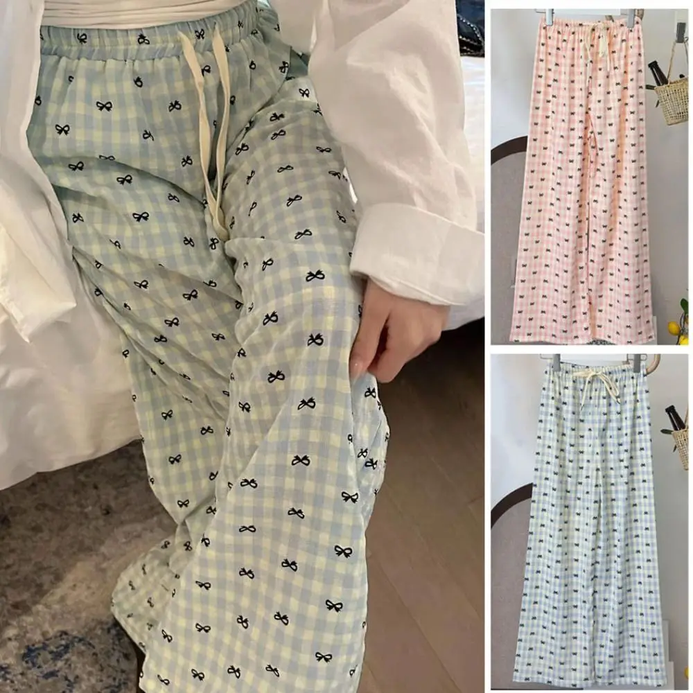 

Stripe Plaid Bowknot Pajama Pants Sweet Thin Grid Long Pants Indoor Outdoor Homewear Sleepwear Pants Women Sleepwear