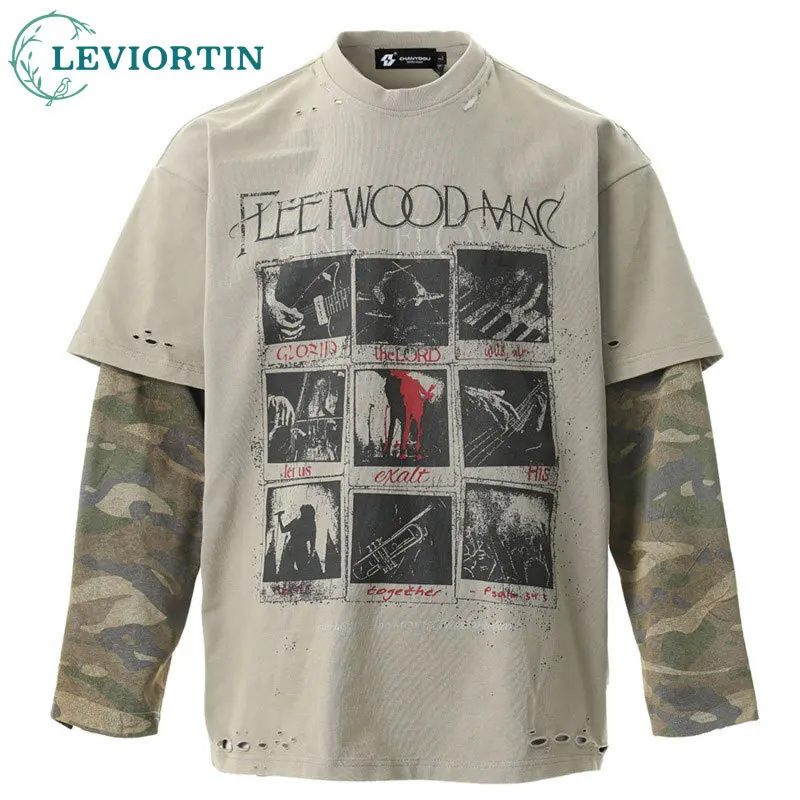 Male 2025 Spring/Autumn New American Retro Rock Fashion Trendy Brand Fake Two Piece Graffiti Camouflage Long Sleeve T-shirt